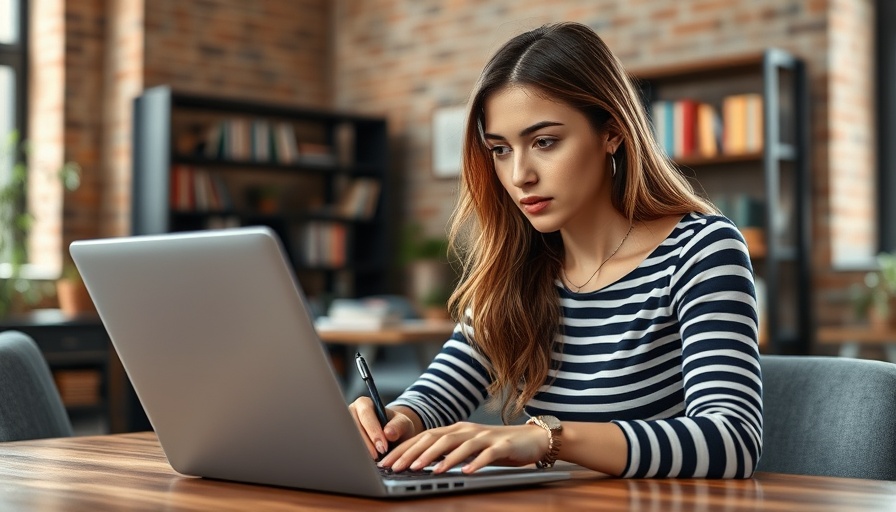 Young woman crafting brand messaging in sales copy in office.