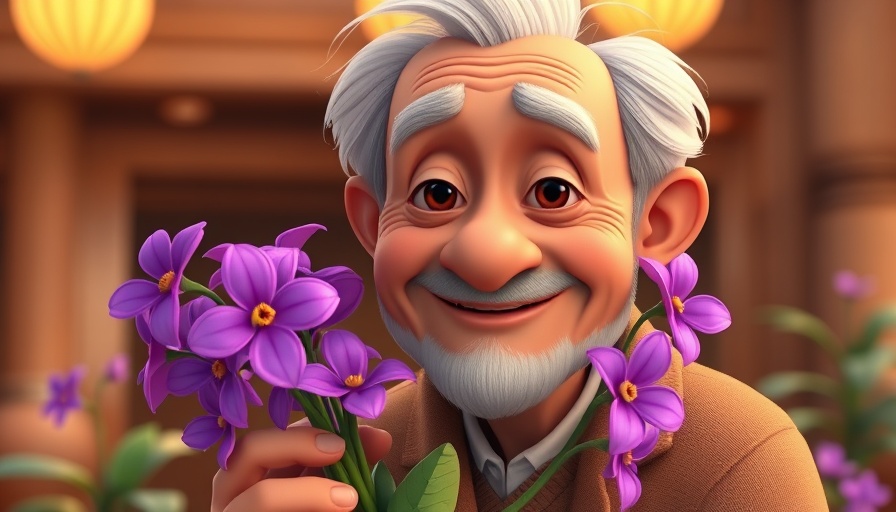 Cartoon depiction of a wise elderly man with a kind expression holding purple flowers. God of Restoration theme.