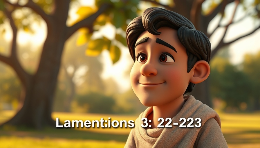 3D cartoon of biblical character with scripture quote, God's love never fails.