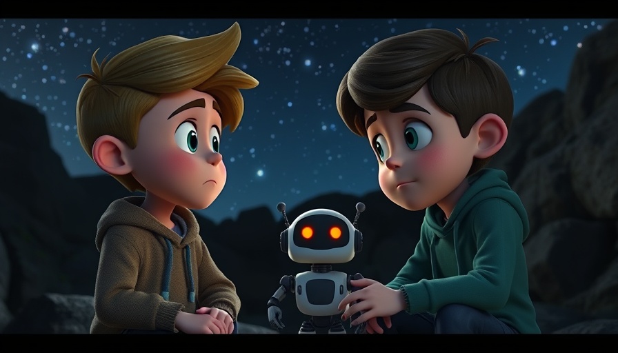 Animated characters in thoughtful conversation with a robot at night.
