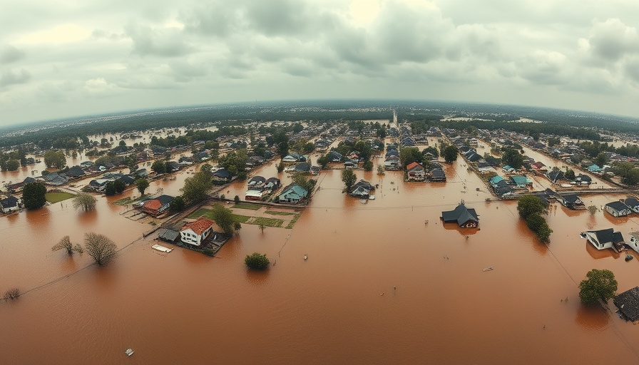 Aerial view of New South Wales flood with submerged homes and vast water.