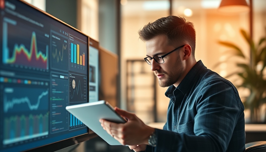 Professional analyzing SEO data on tablet and monitor in an office.