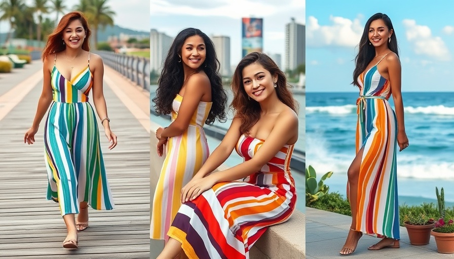 AI Tools in advertising: diverse women in striped dresses in scenic backgrounds.