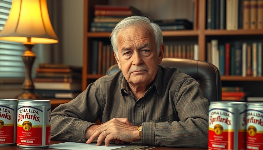 Serious man with Loma Linda Big Franks cans in office, bankruptcy context.
