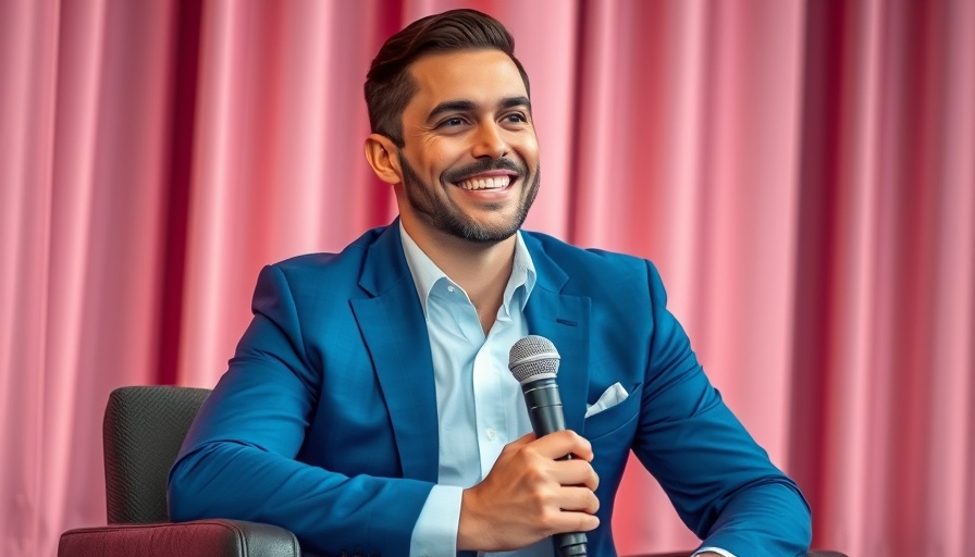 Man smiling with microphone on stage, pink background