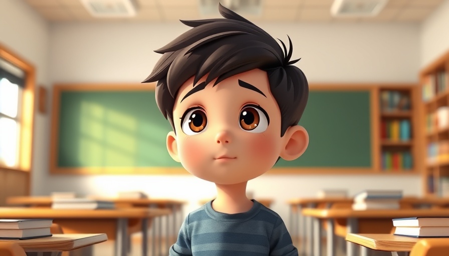 Animated boy in classroom, thoughtful expression, surrender everything to God.