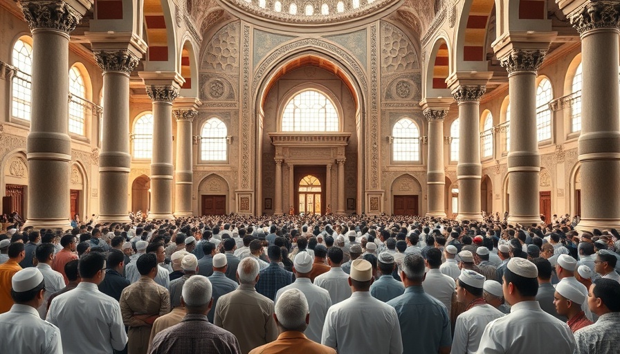Group discussion in a mosque, traditional clothing, intricate architecture.