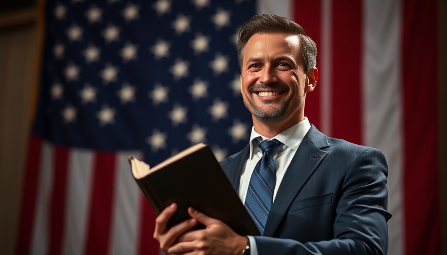 Confident man holding book in front of American flag symbolizing political opportunism in Christianity.