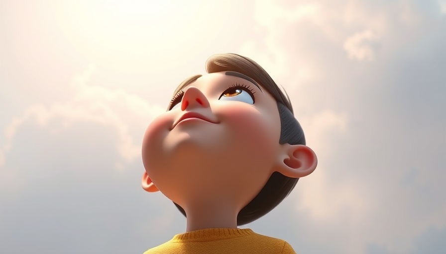 Animated figure looking up in awe under soft cloudy sky, Superbook style.