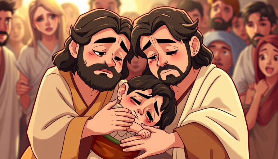 Scene from Teach Us to Pray Superbook: comforting a child, animated style
