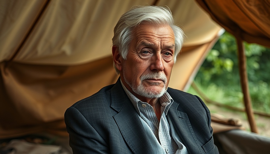 Elderly man in a prayer tent, Ted Wilson Retirement Satire
