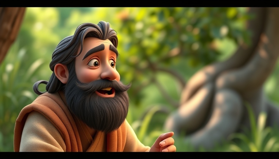 3D cartoon character sharing wisdom amid lush greenery.