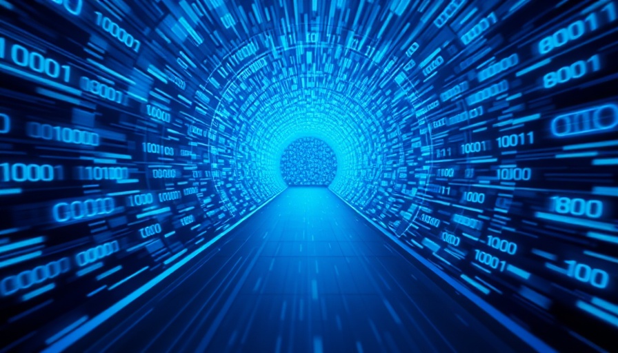Abstract blue binary tunnel visualizing data flow.