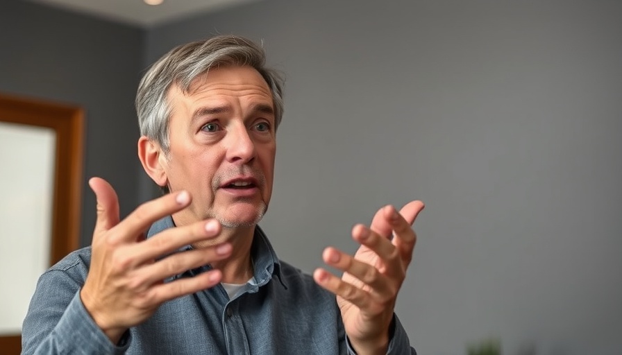 Middle-aged man discussing AI Safety, expressive gesture.