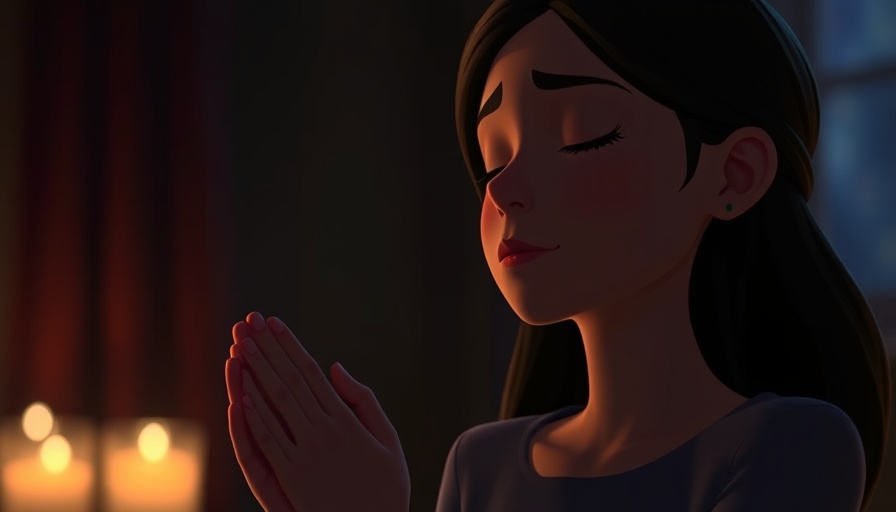 Animated woman praying for healing, serene expression, text overlay.
