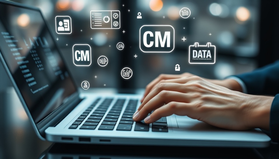 CMS market share trends, laptop with digital icons.