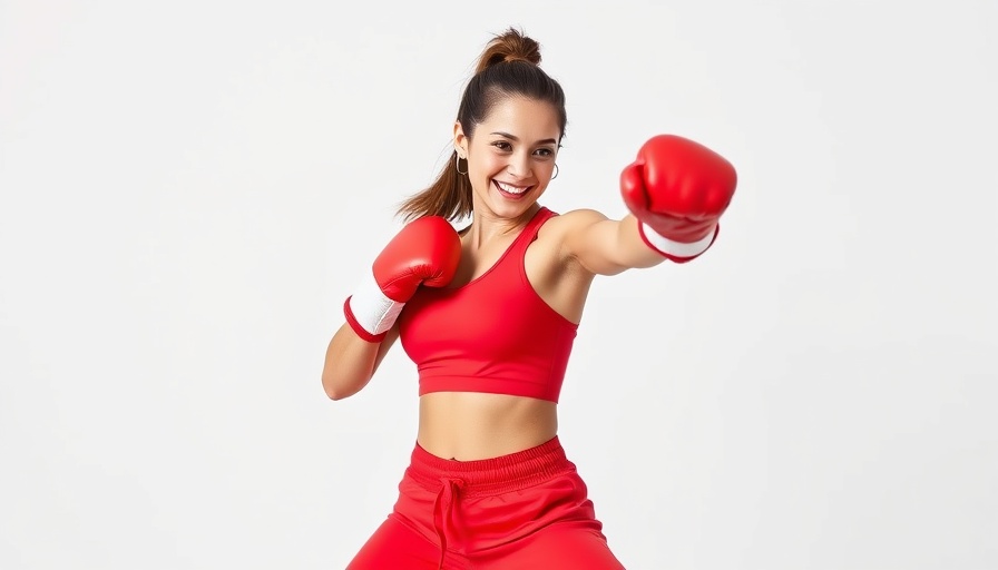 Energetic woman doing bodyweight cardio kickboxing in red attire.