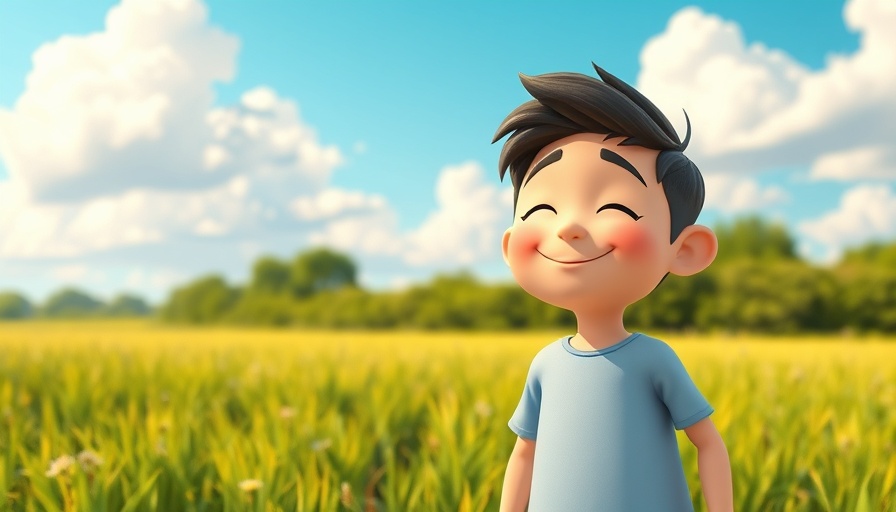 Animated peaceful figure smiling in a serene outdoor setting; discovering God and forgiveness.