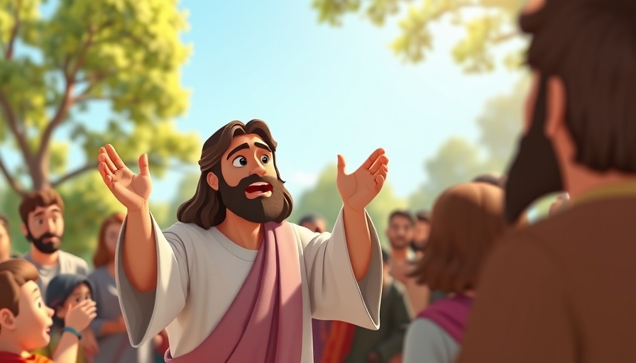 Animated Jesus teaching about God's Kingdom on a sunny day.