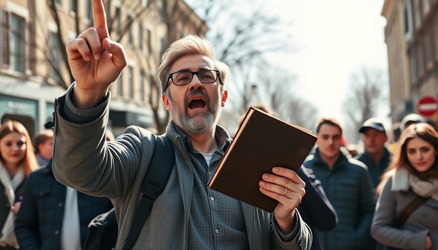 Man passionately preaching surrounded by a curious crowd in a sunny urban area.