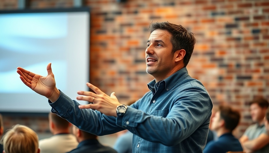 Confident speaker gesturing during presentation about launching ideas effectively.