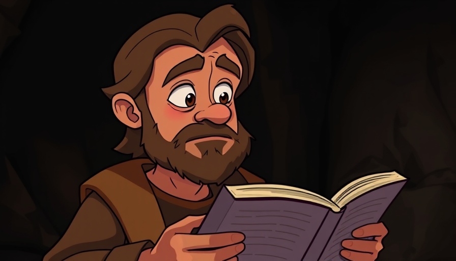 Animated biblical figure reading scripture, Cartoon Style, warm tones.