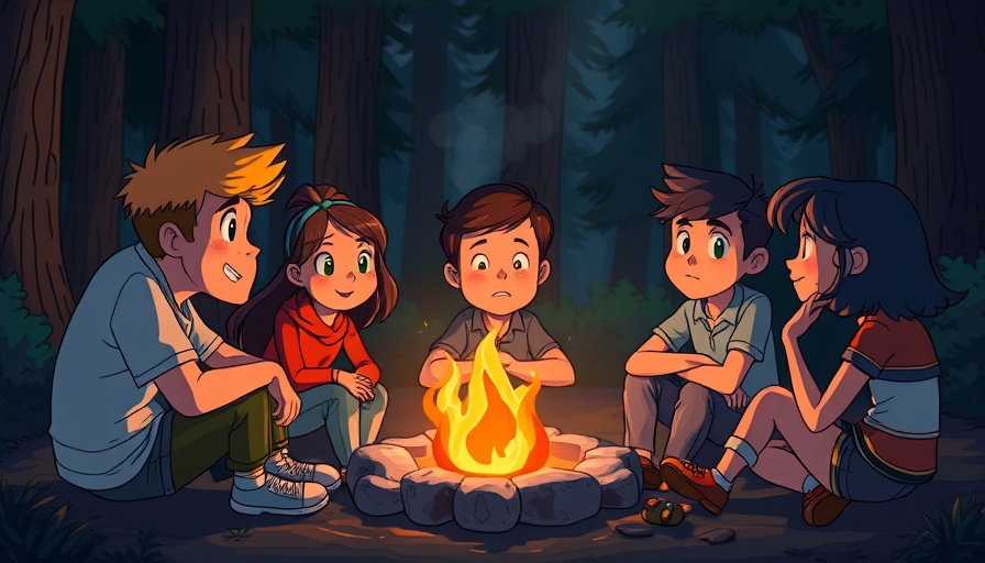 Animated scene of a group discussing concepts around a campfire, Sermon on the Mount style.