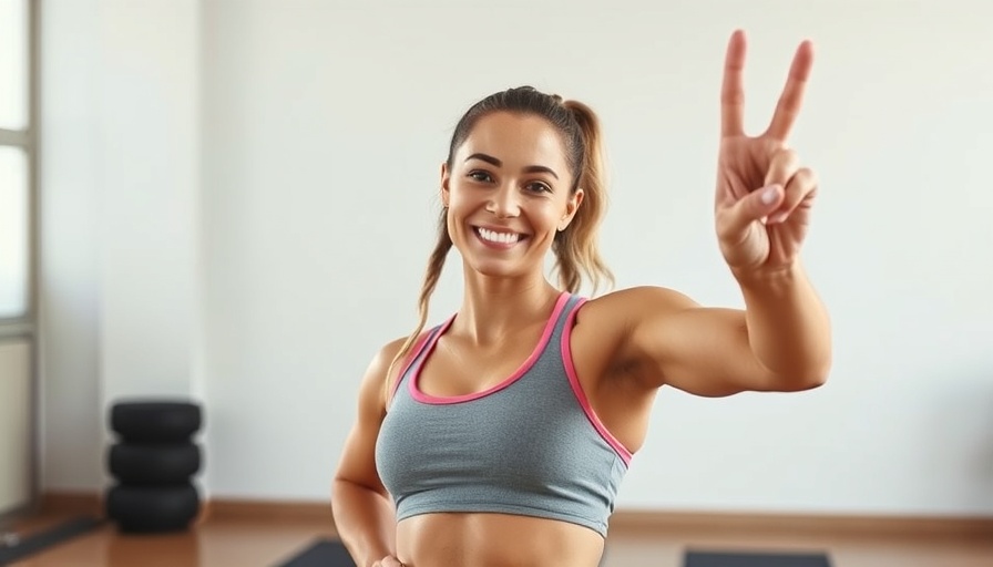 Energetic woman boosting HIIT intensity with peace sign indoors.