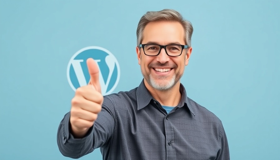 Smiling man giving thumbs-up with WordPress logo and blue background.