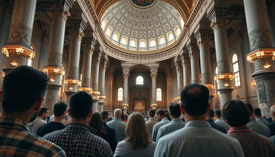 Ornate mosque interior with people gathered for discussion.