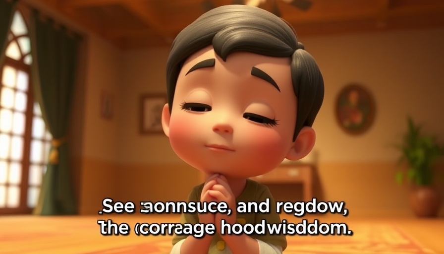 Character praying for courage to share God's Word, with gentle expression.