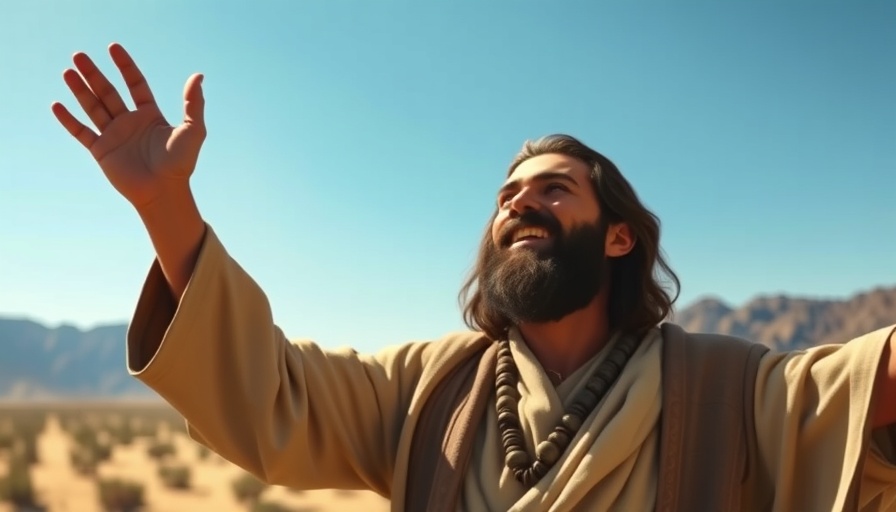 Animated man in biblical clothing sharing gratitude in a serene landscape.