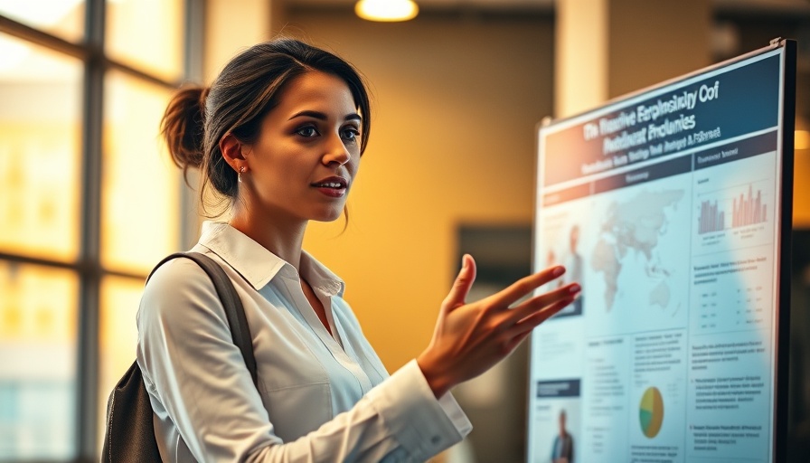 Professional woman presenting research at university event.