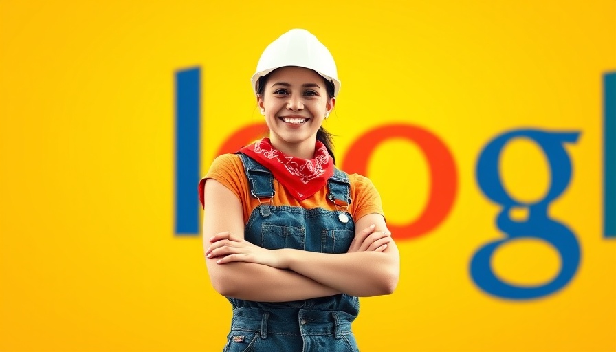 Smiling construction worker with Google logo on yellow backdrop.