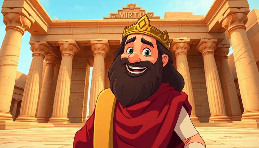 Animated King Solomon in front of ancient building, Wisdom of Solomon in Bible.