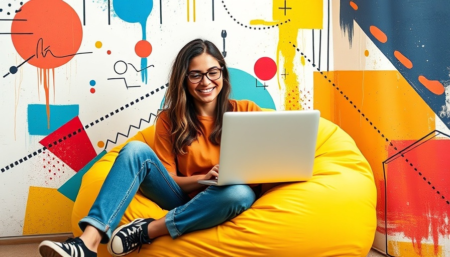 Woman on bean bag with laptop, abstract background, Google Ads benchmarks.