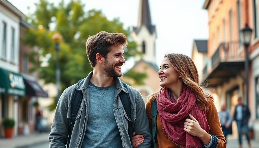 Young couple smiling on a street with church in background, reflecting Missionary Dating in Adventist Community.