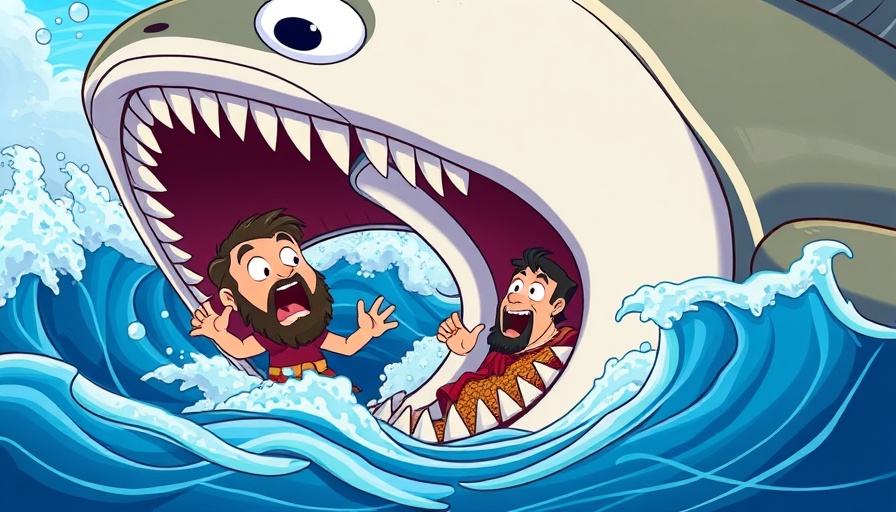 Dramatic cartoon of Jonah and large fish in Superbook.
