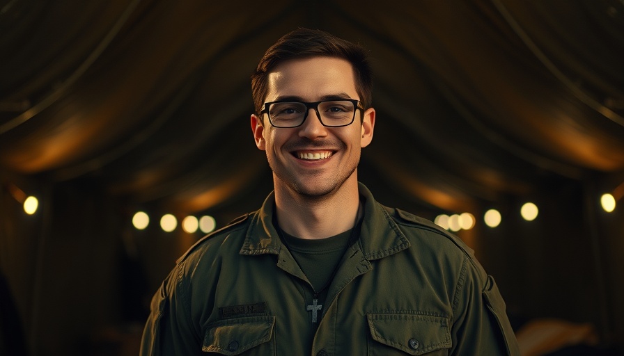 Man representing Father Mulcahy smiling in military tent