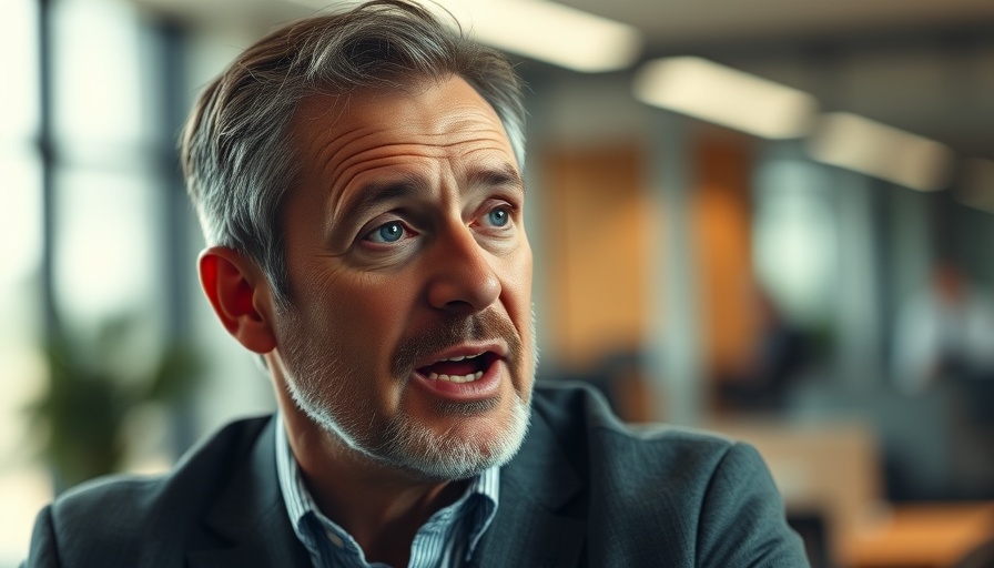Enthusiastic man discussing AI infrastructure efficiency indoors.