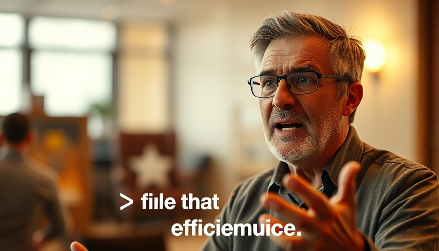 Middle-aged man discussing AI efficiency indoors, text overlay.