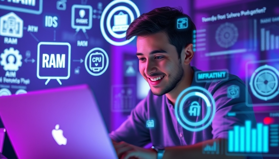 AI for Hosting Maintenance: Man using laptop with server stats and AI insights overlay.