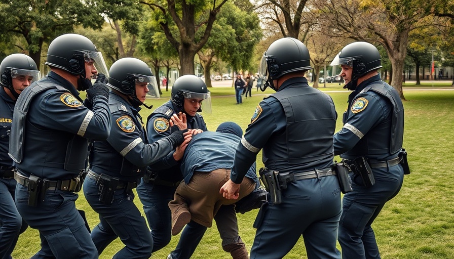Police detaining a protester in a park, highlighting SDA Community and Dystopia.