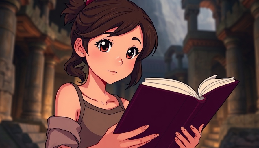 Animated young woman reading a book in an ancient setting, Sharing God's Word.