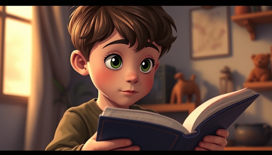 Animated boy reading, reflective expression, in a warm setting, honoring God every day.