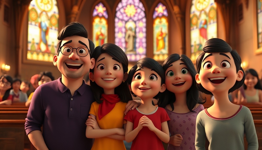 Family worship in SDA community, animated family in church.