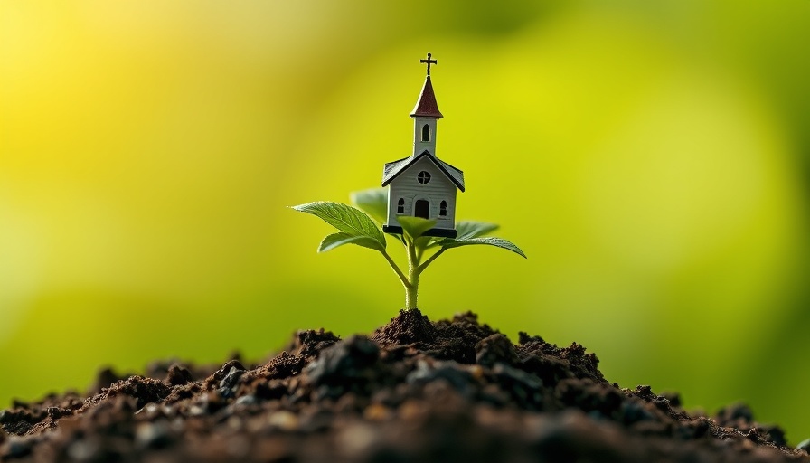 Miniature church growing from tree symbolizing church evolution.