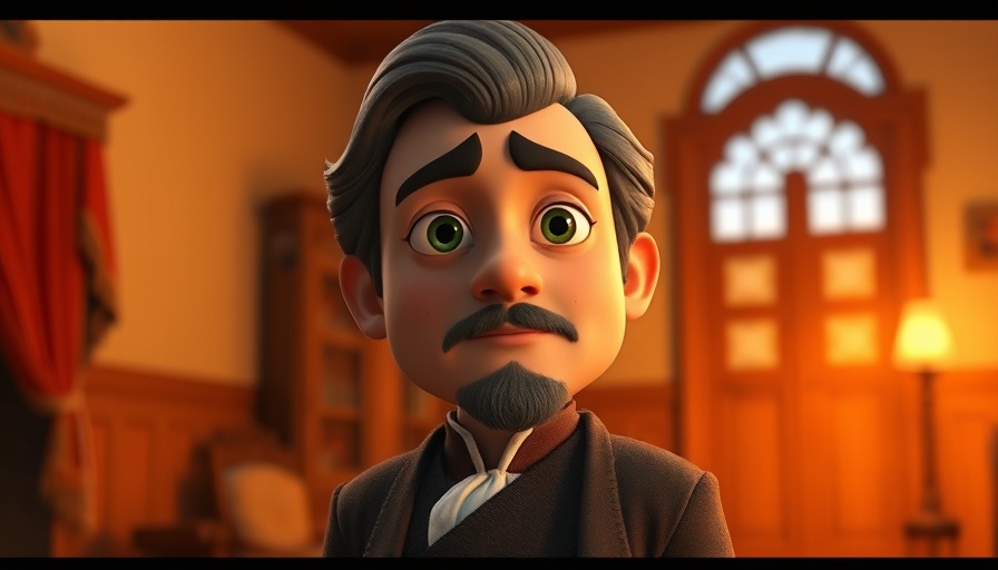 Animated character with serene expression, illuminated by warm light.