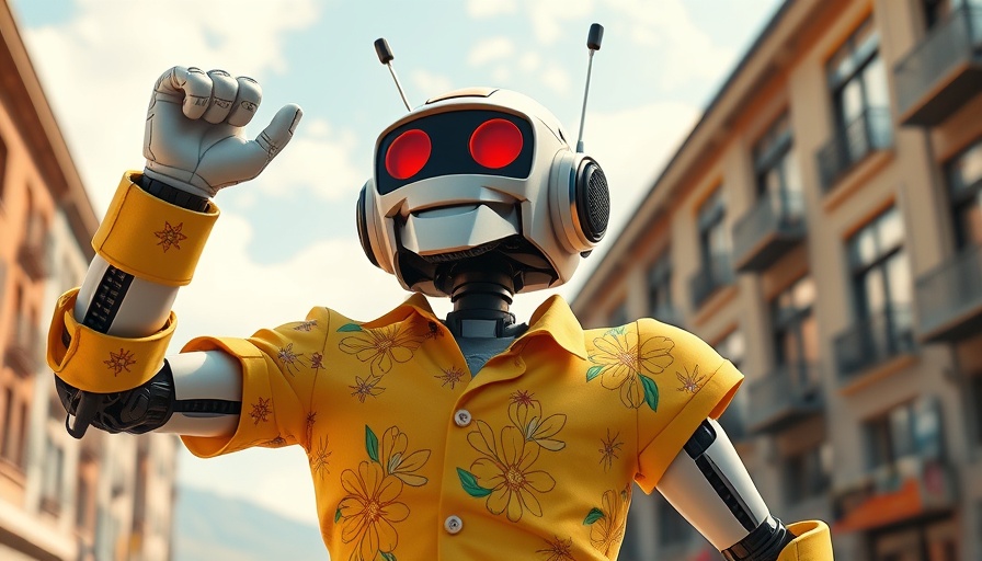 Excited robot in floral shirt celebrates summer activities.