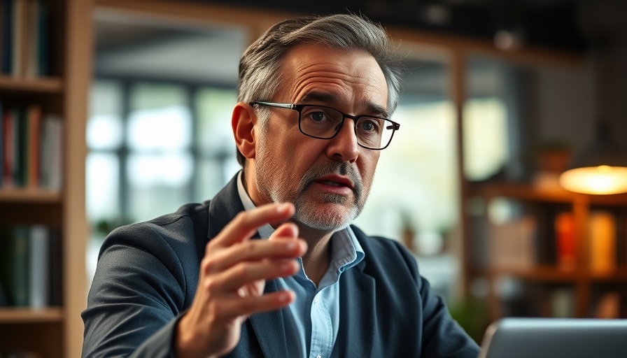 Middle-aged man discussing data governance in a modern office.